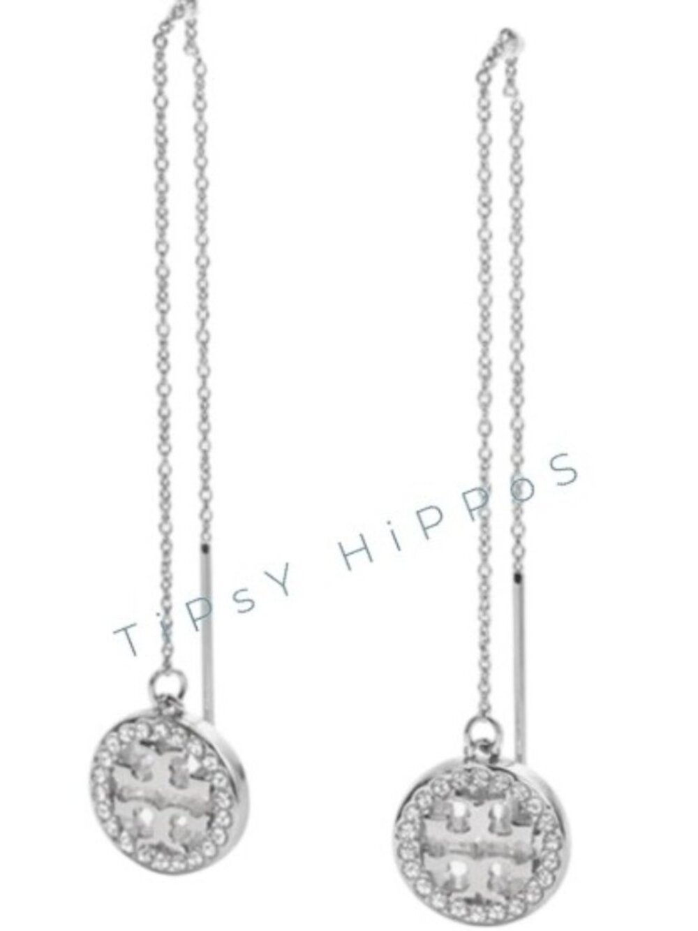 Stunning Auth Tory Burch Silver Miller Icon Pavé Threader Earrings